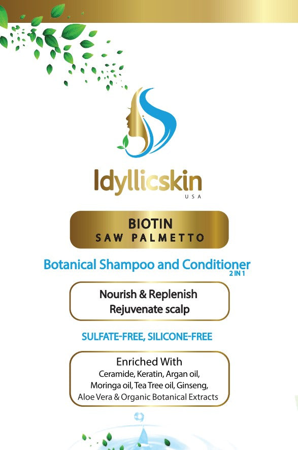 Biotin Saw-Palmetto Botanical Shampoo and Conditioner with Tea Tree oil, Argan oil, Moringa oil, Rosemary, Ginseng, Ceramide and Keratin